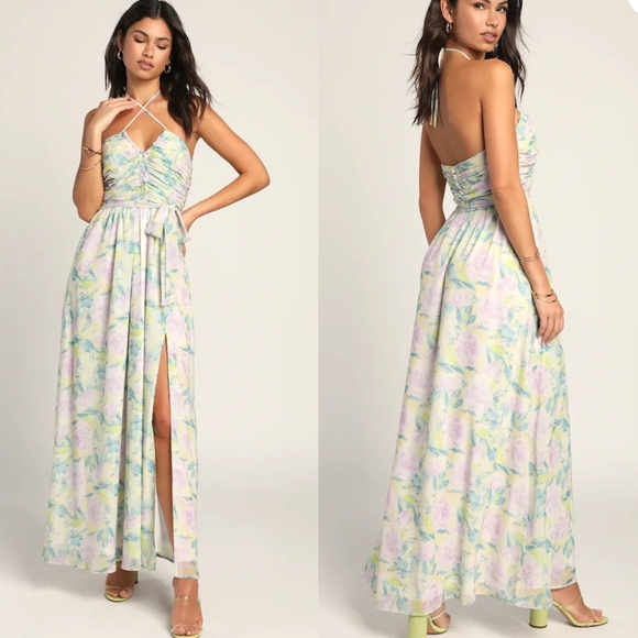 Lulus Dresses & Skirts - Lulus NWT Efortlessly Abloom Green Multi Floral Ruched Halter Maxi Dress Medium